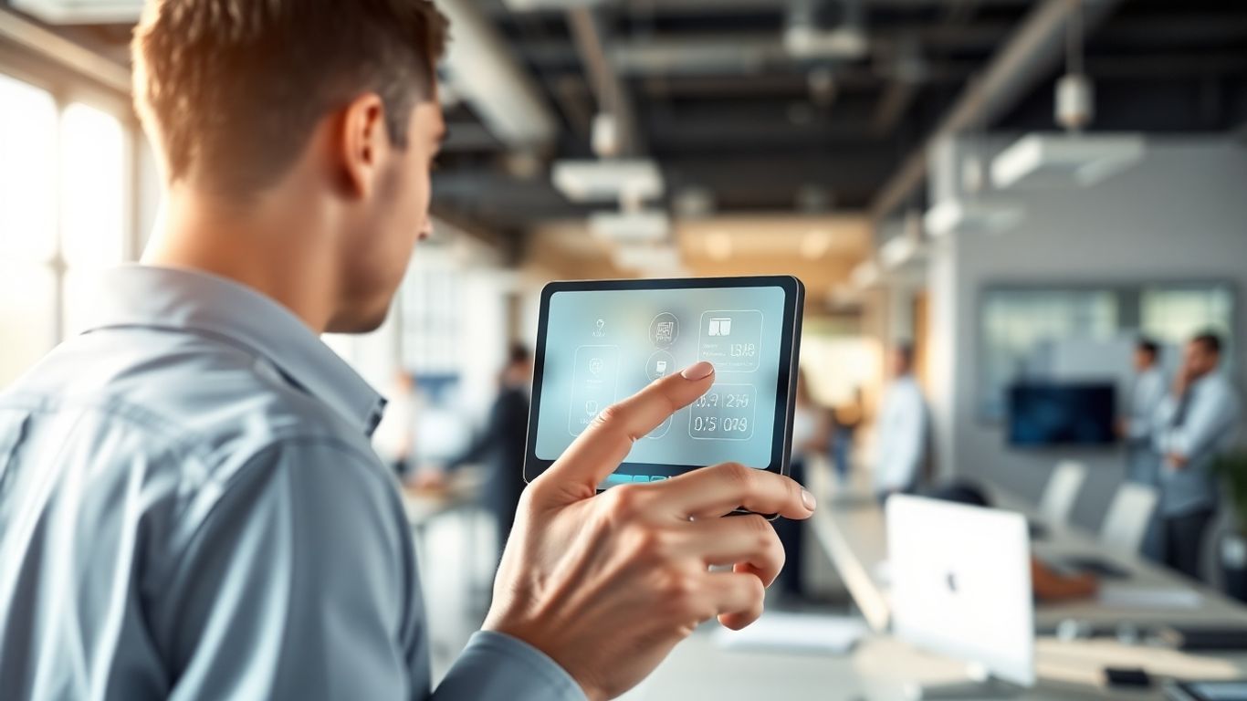 Business person using a virtual auto attendant phone system.