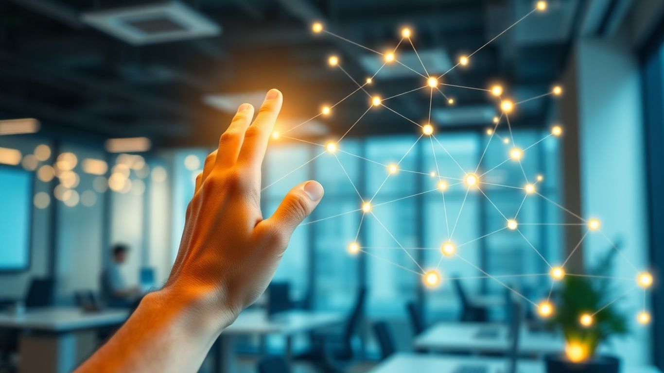 Business communication network with glowing lines.