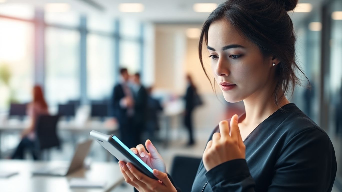 Business person using a virtual auto attendant phone system.