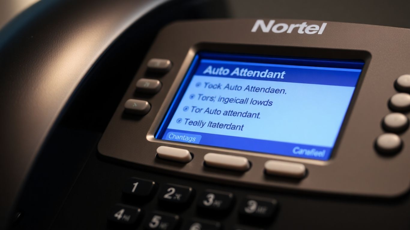 Nortel phone keypad and screen showing auto attendant settings.