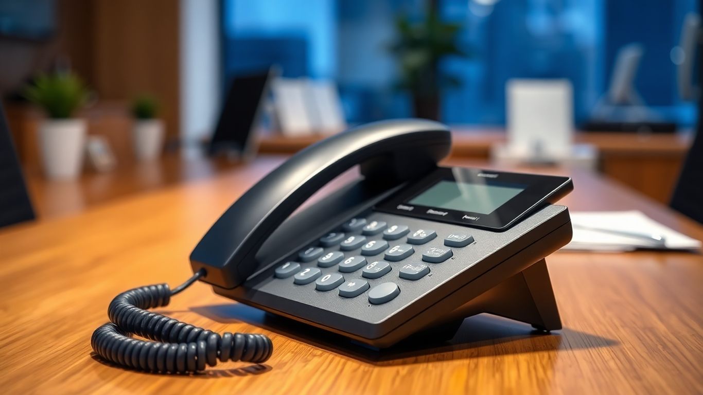 Modern phone system on a business desk.