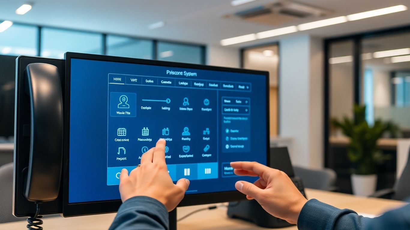 Microsoft Phone System Auto Attendant interface on a monitor.