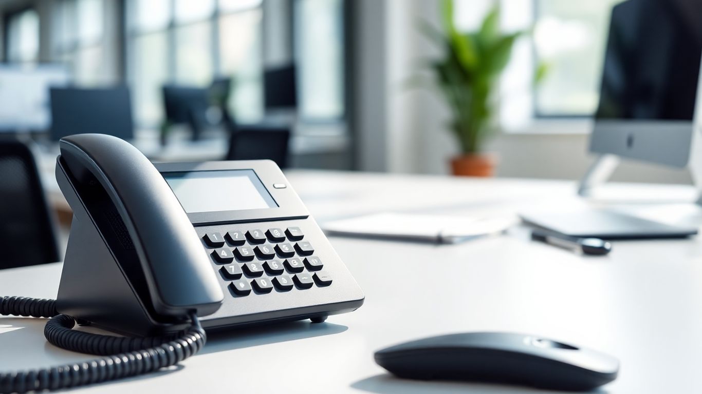 8x8 landline phone on a modern office desk.