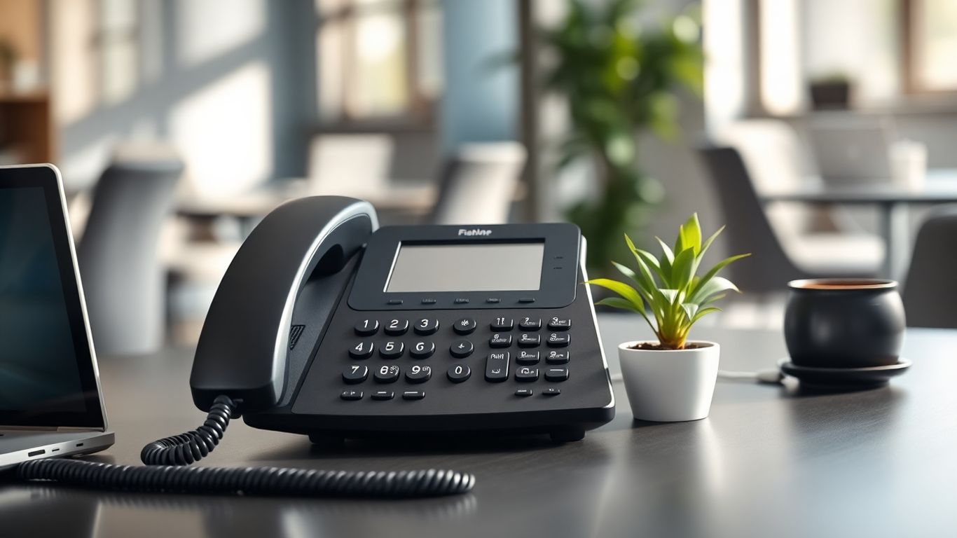 Dialpad landline phone on a modern office desk.