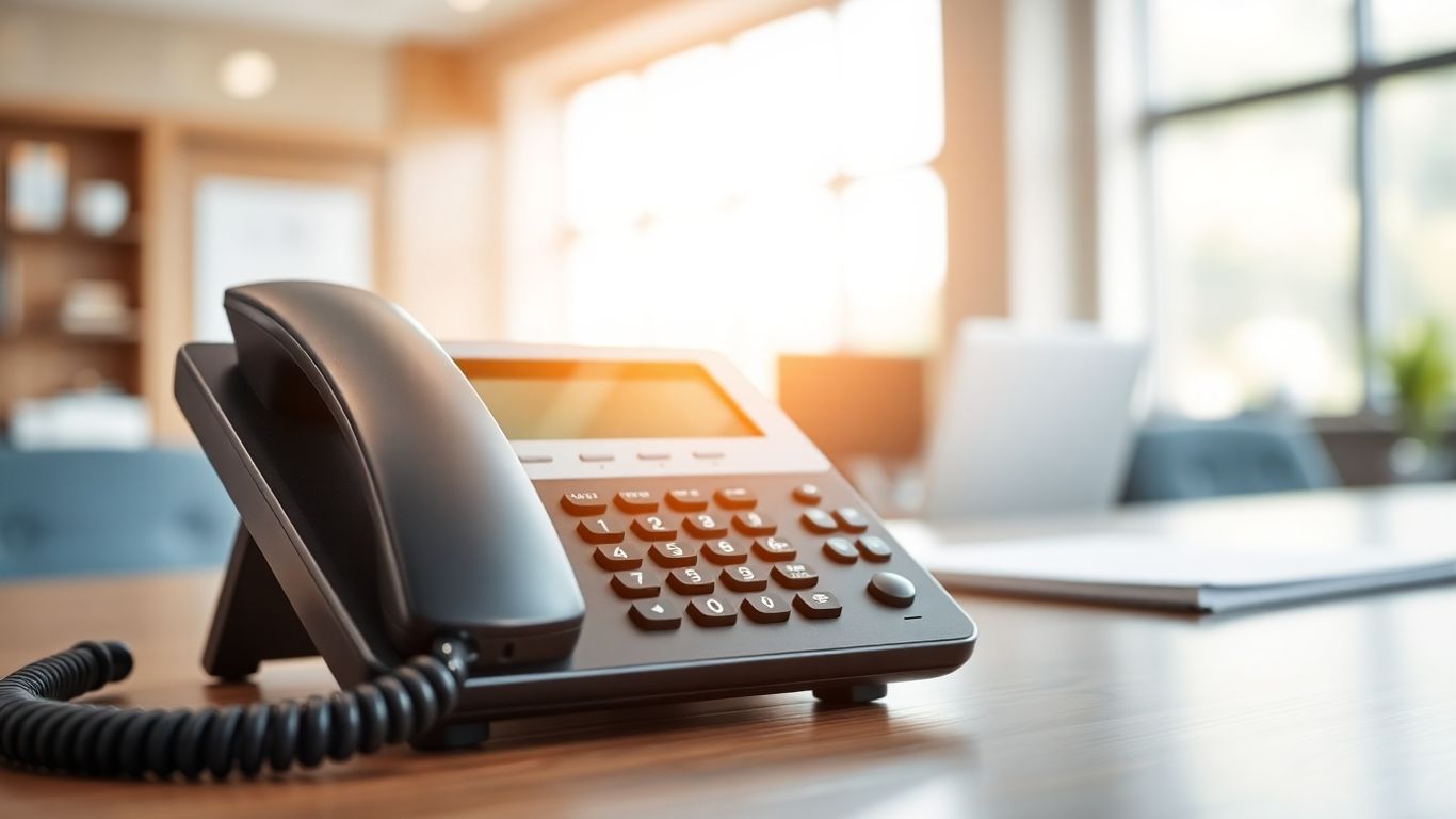 Modern landline phone on a small business desk.