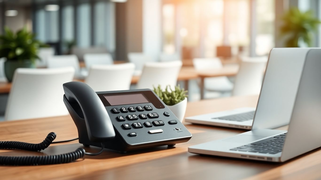GoTo Connect landline phone on an office desk.
