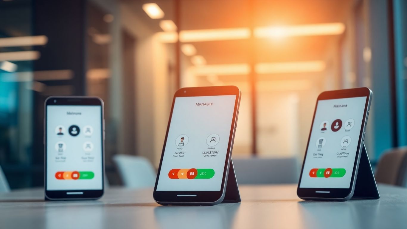 Smartphones with auto attendant features for business communication.