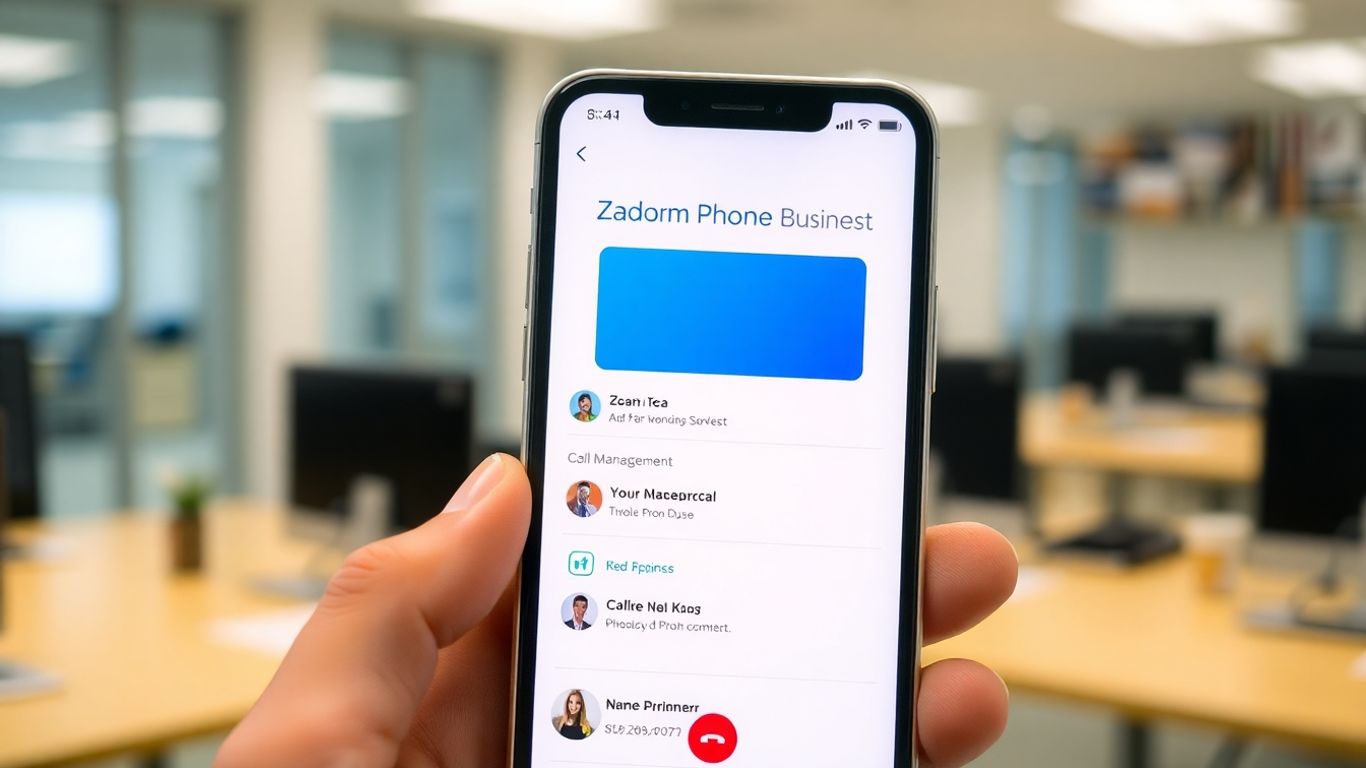 Smartphone with Zoom Phone app open, business setting.