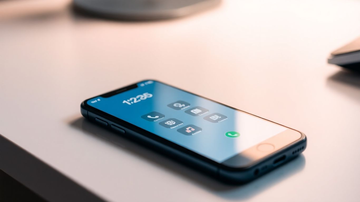 Smartphone with business call features on a desk.