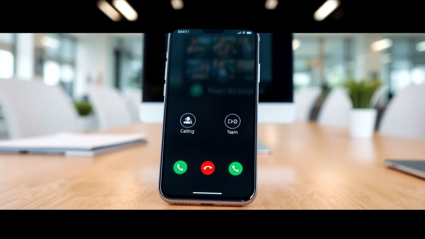 Smartphone with auto attendant interface on a business desk.
