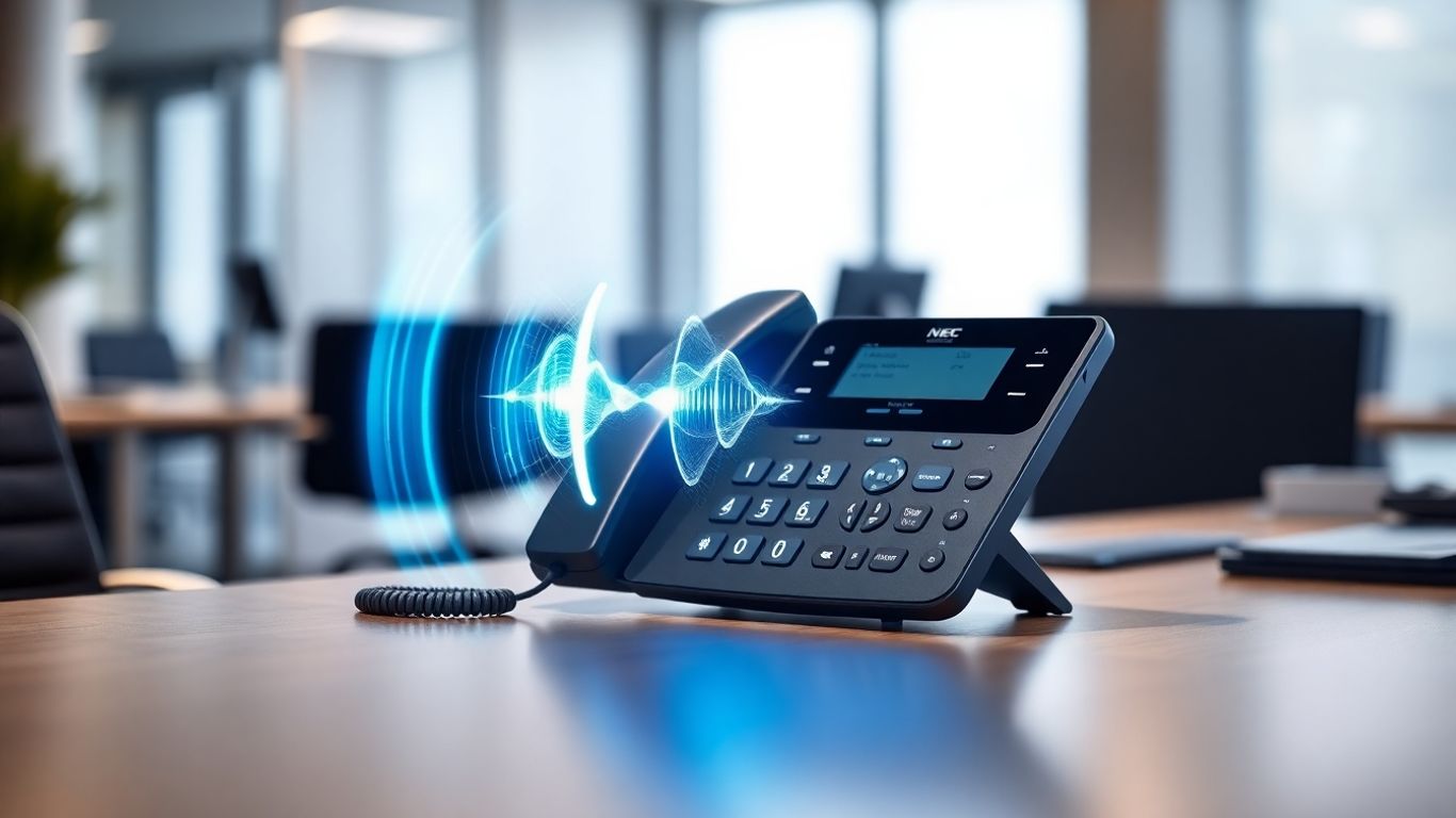 NEC phone with sound waves on office desk.