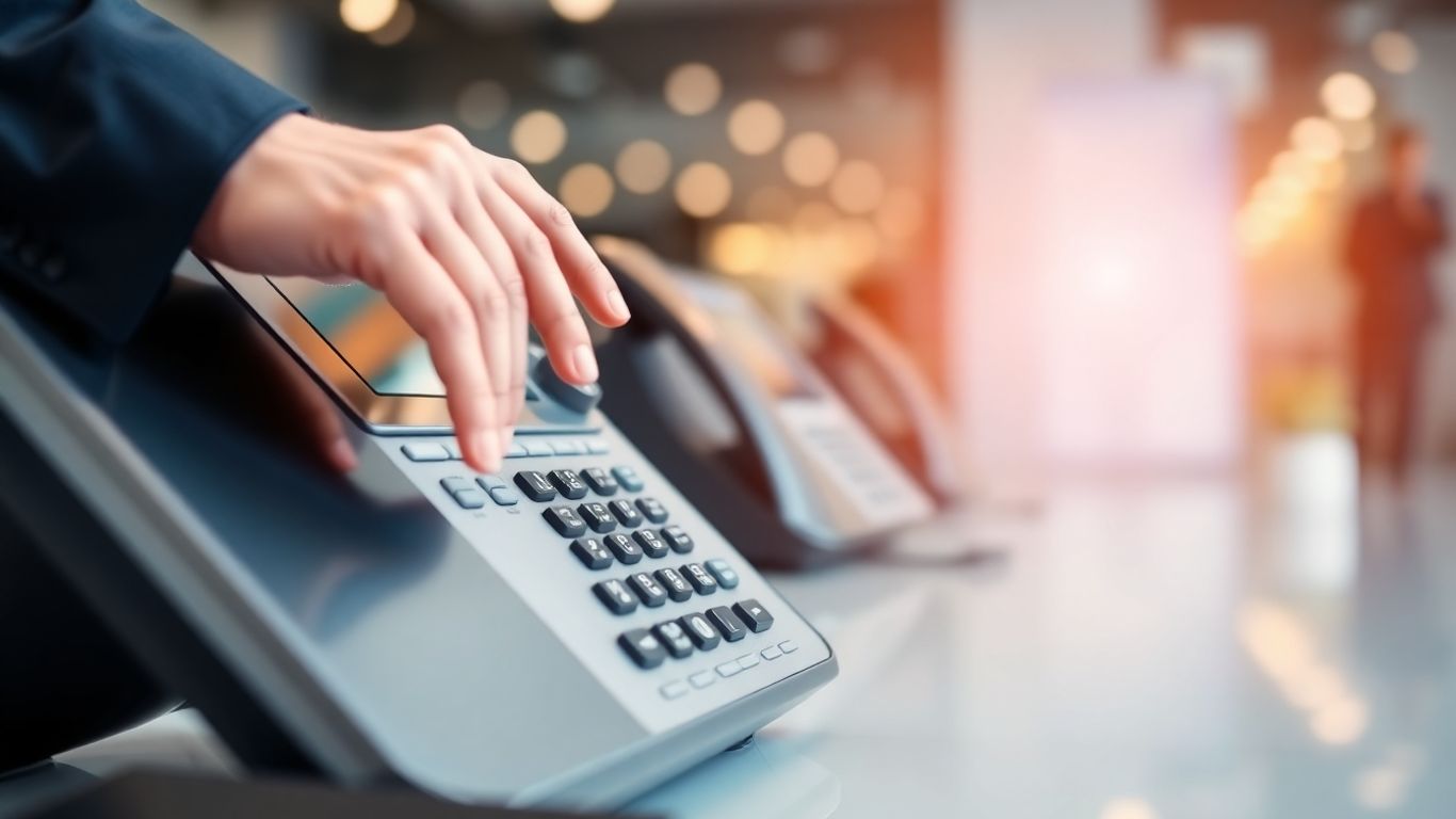 Business phone system with a hand operating the console.