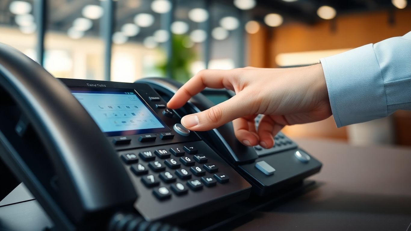 Business phone system with a hand interacting.