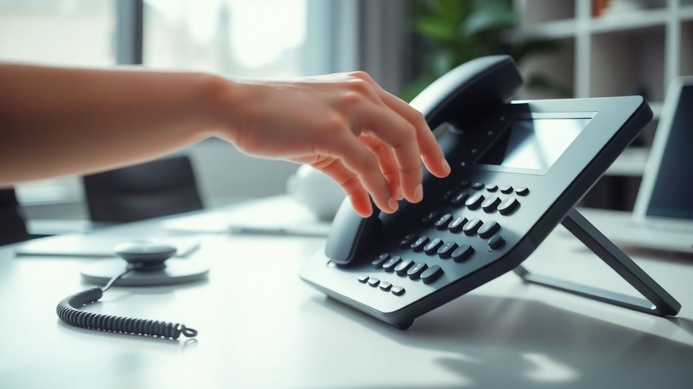 Office desk phone with a hand about to press a button.