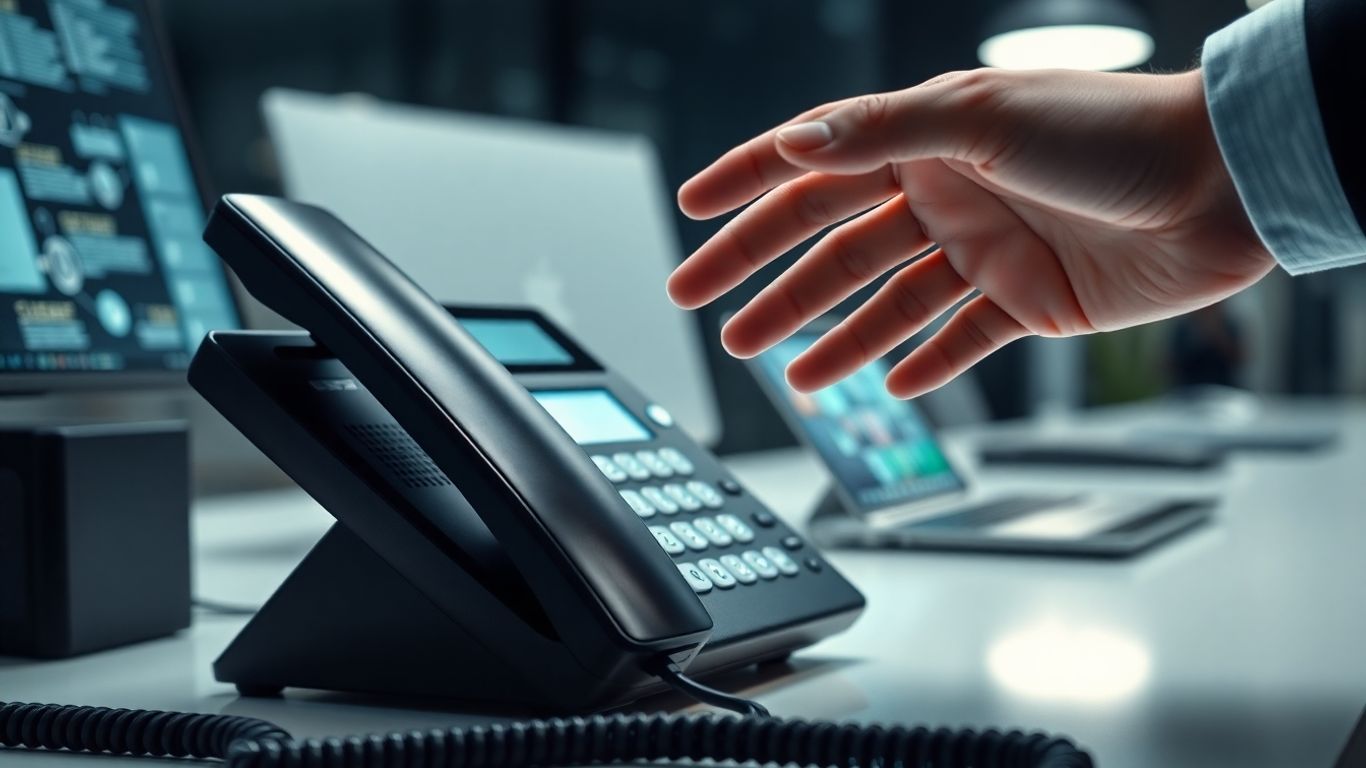 Modern desk phone with hand answering a call.