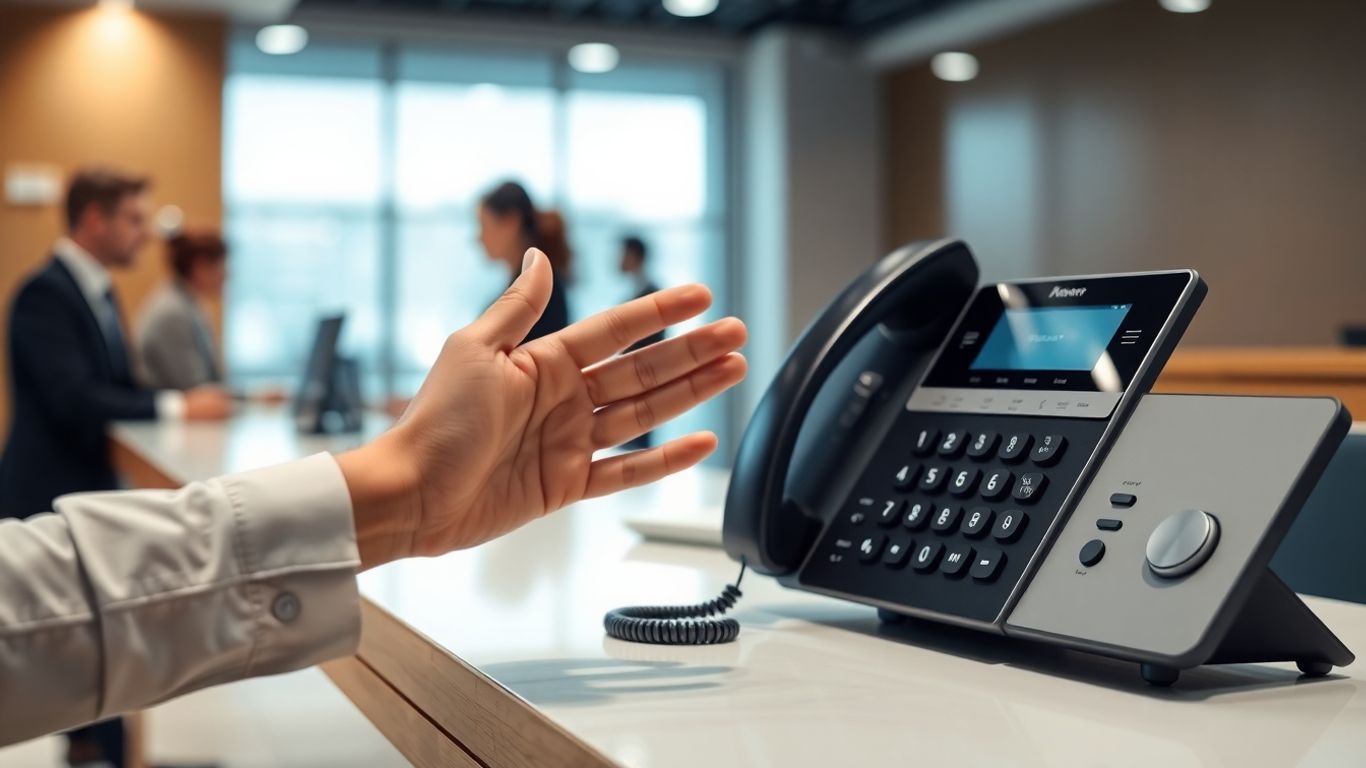 Business phone system with hand answering a call.
