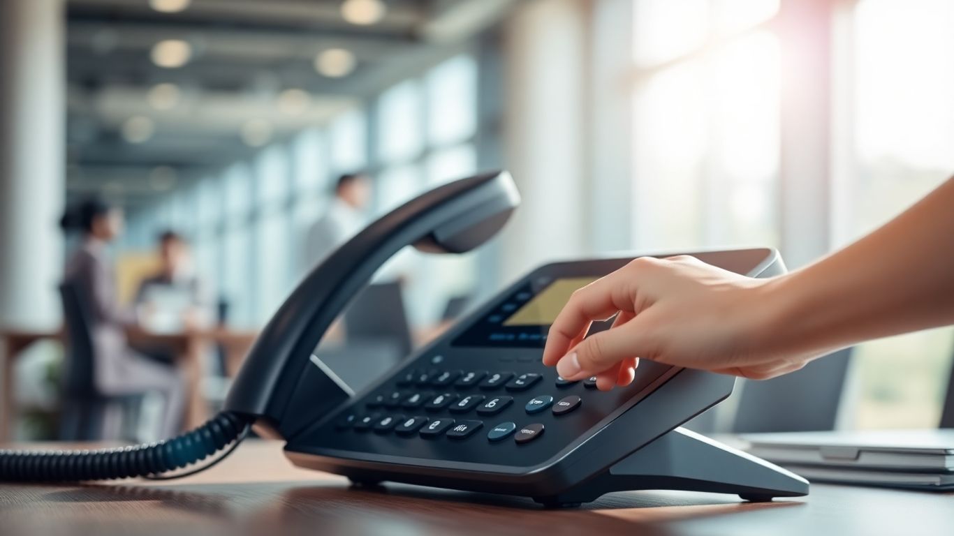 Office desk phone with hand reaching for it.