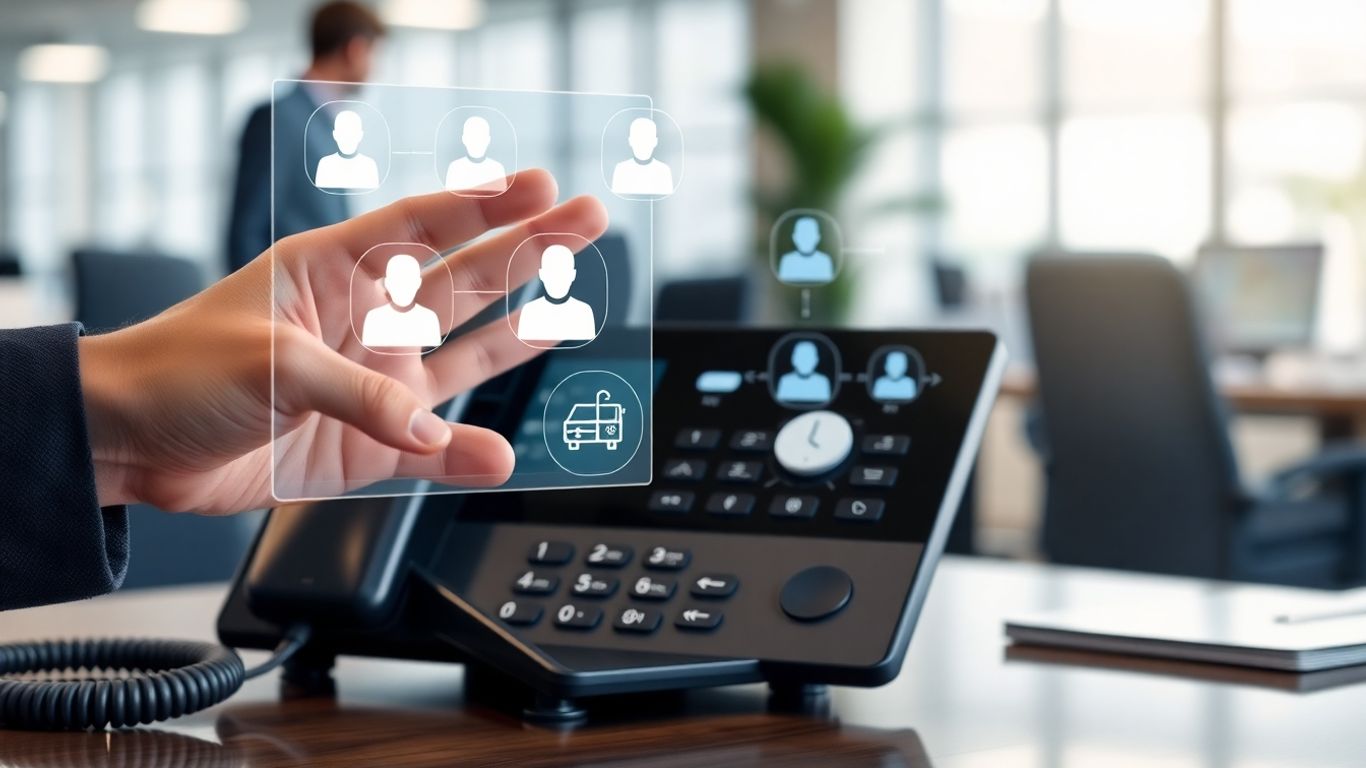 Office desk phone with holographic call management interface.