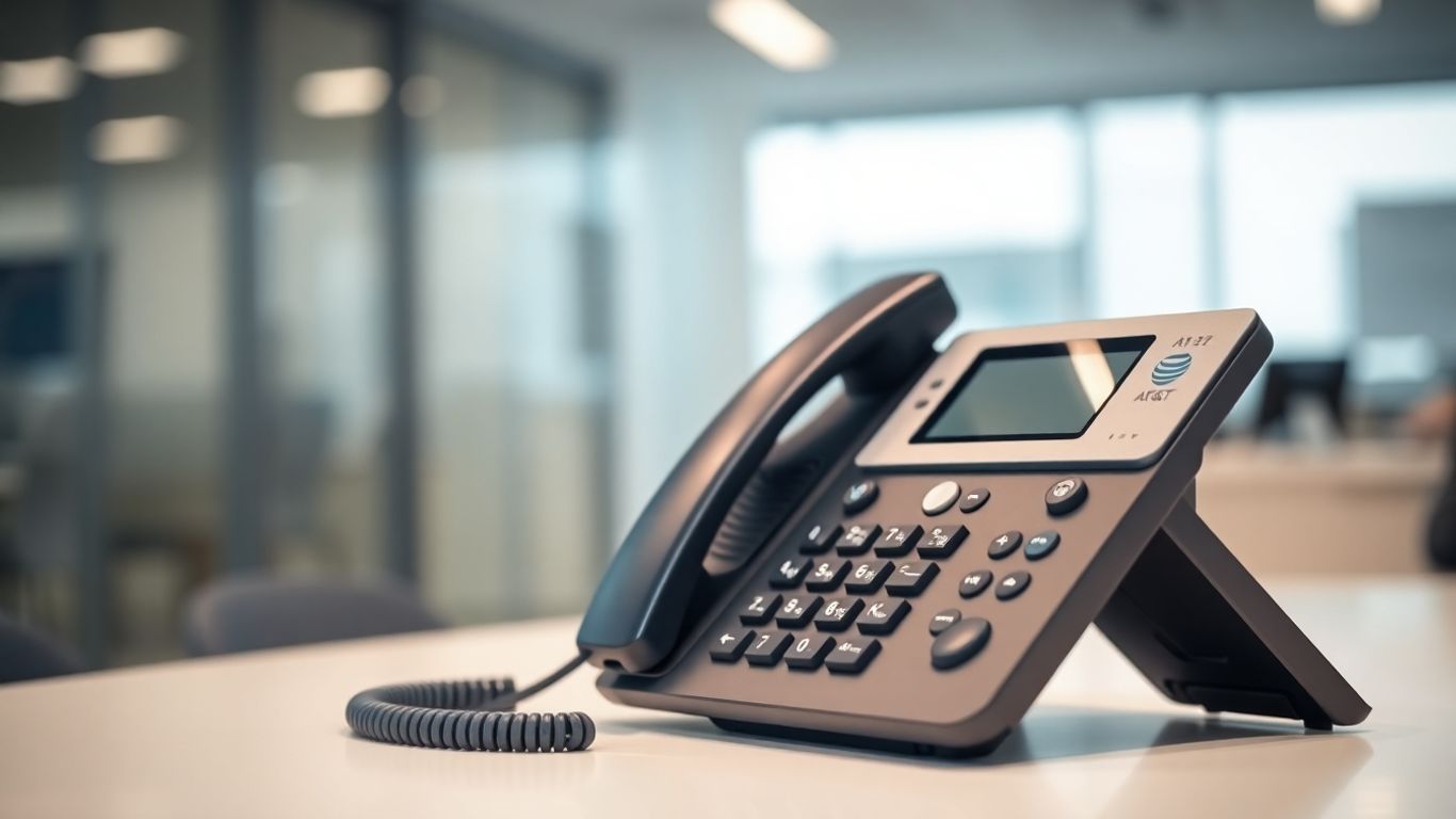 AT&T auto attendant phone system in a modern office.