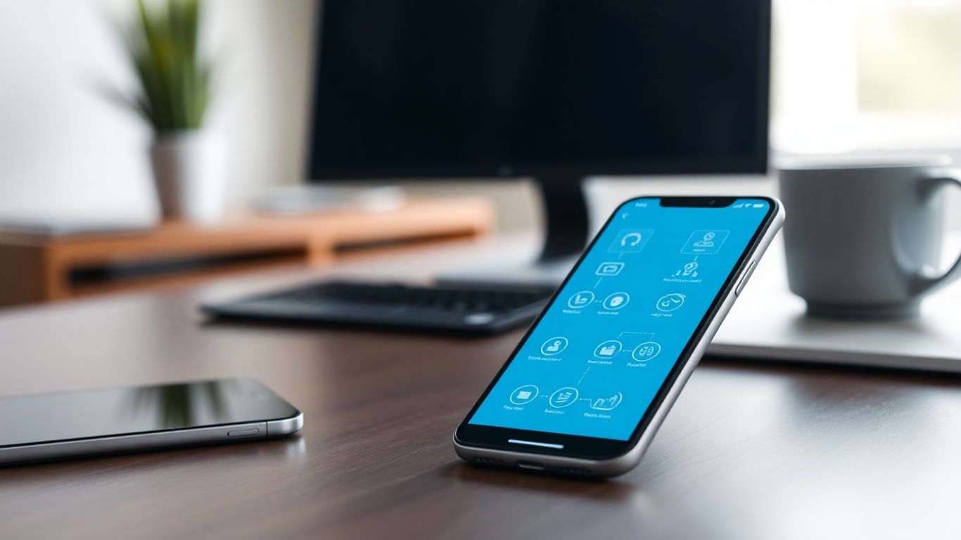 Automated business workflow on a smartphone and laptop.