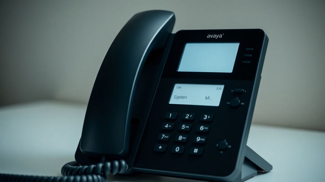 Avaya phone with illuminated screen and handset.