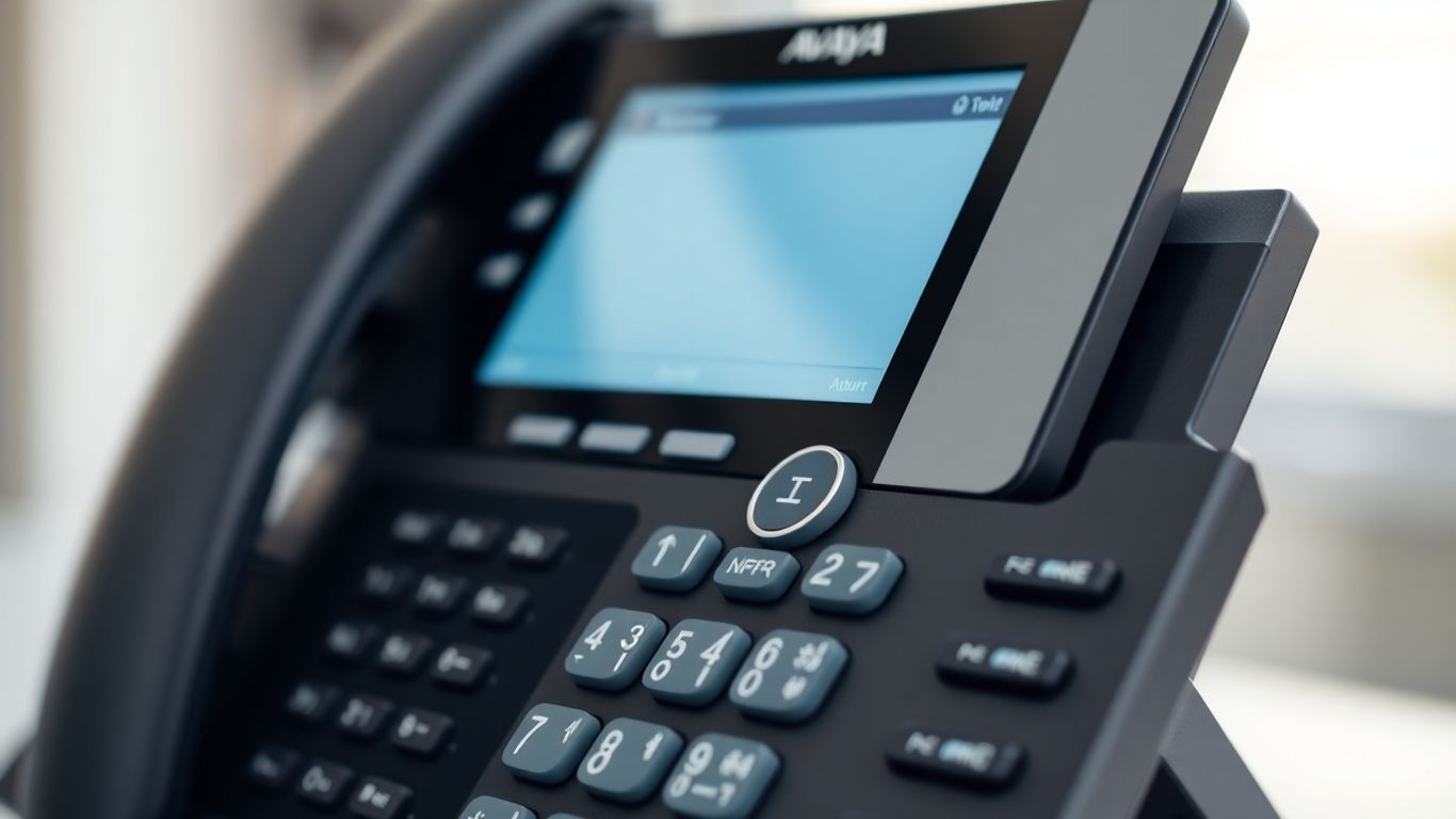Avaya phone with screen displaying greeting options.