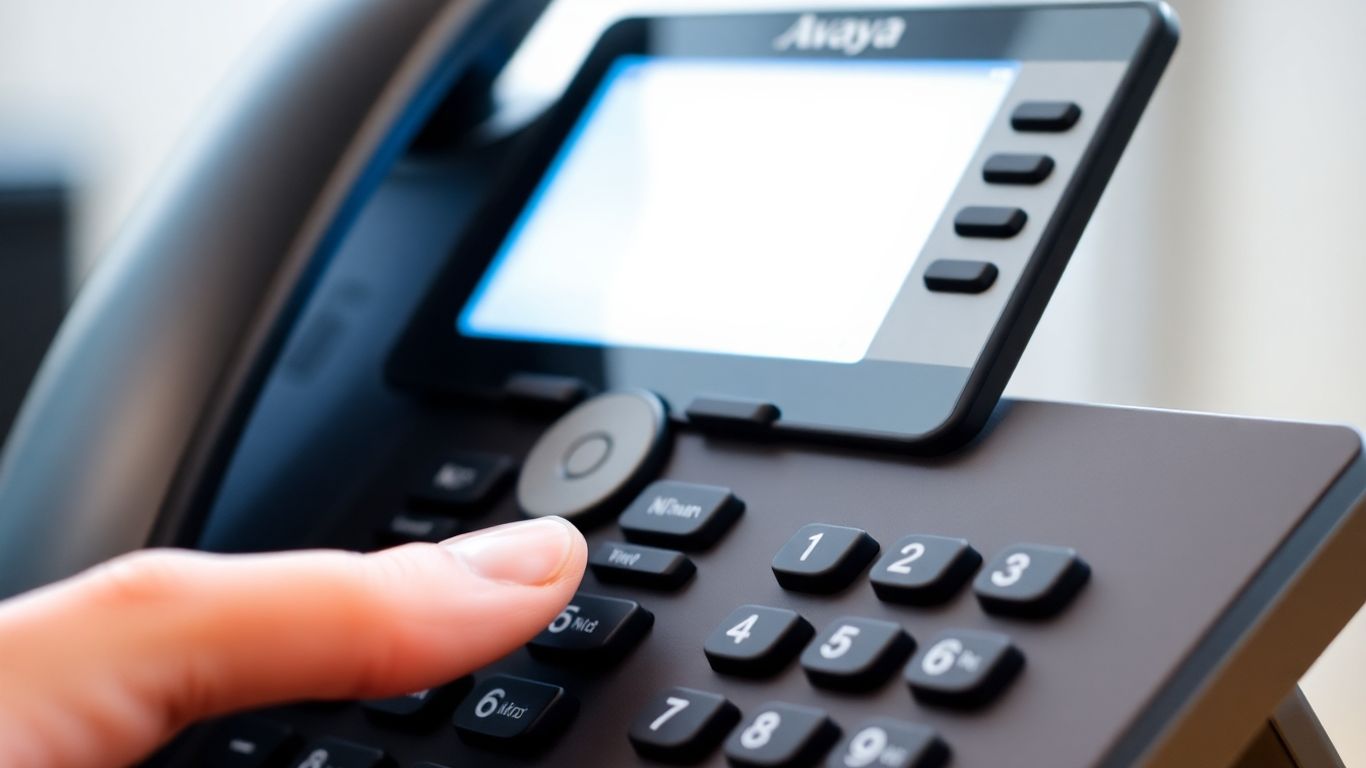 Avaya phone with handset lifted, finger pressing button.