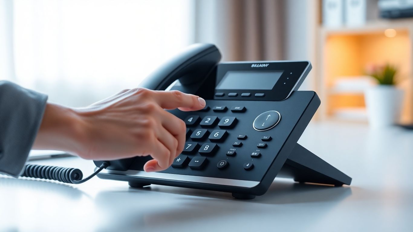 Business phone with auto attendant features on a desk.