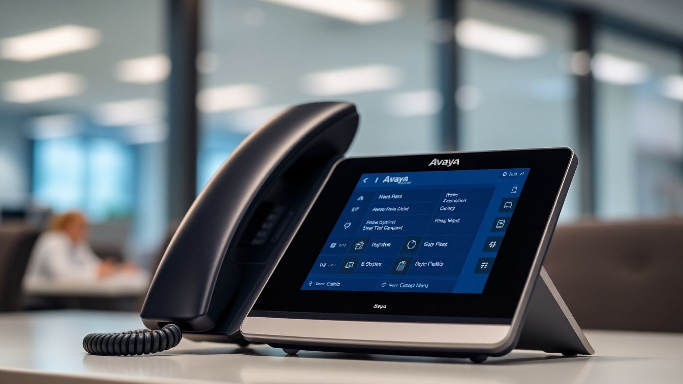Avaya phone with auto attendant menu on screen.