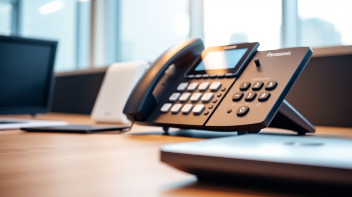 Panasonic auto attendant phone system on an office desk.