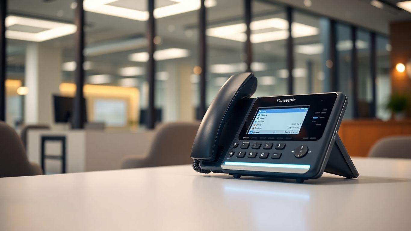 Panasonic phone system on an office desk.