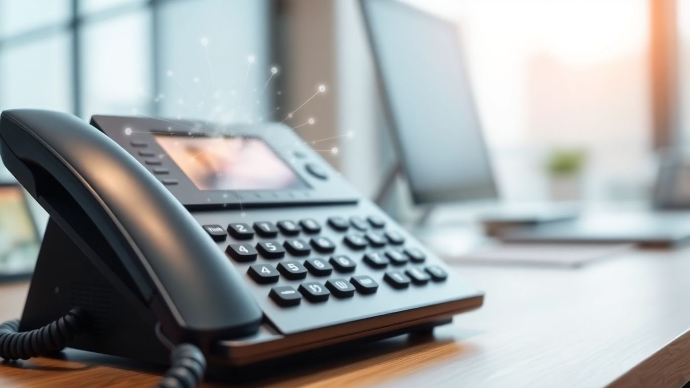 Business phone with abstract data flow visualization.