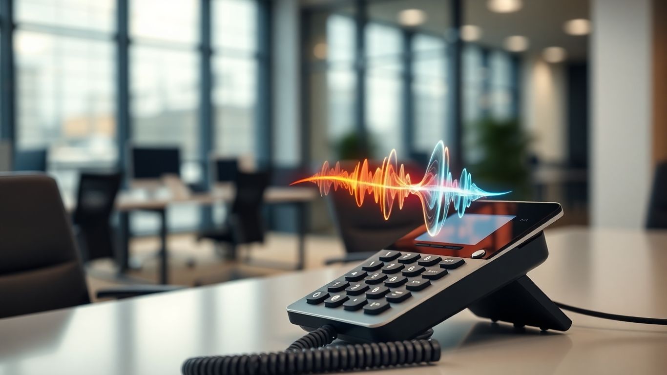 Business phone with sound waves, enhanced communication concept.