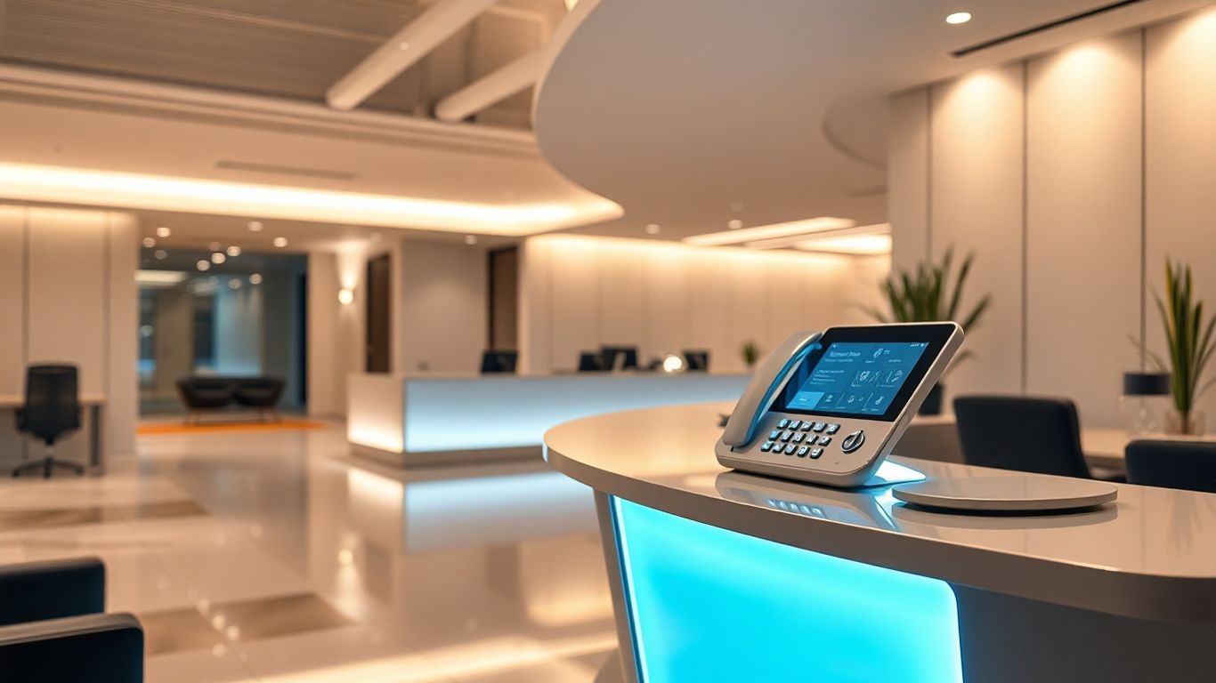 Futuristic phone console in a modern office