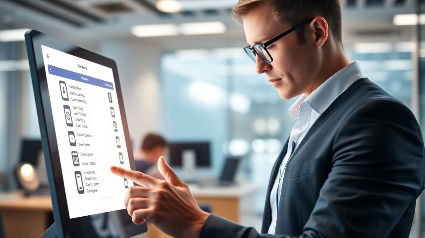 Person managing phone auto attendant system on a touchscreen.