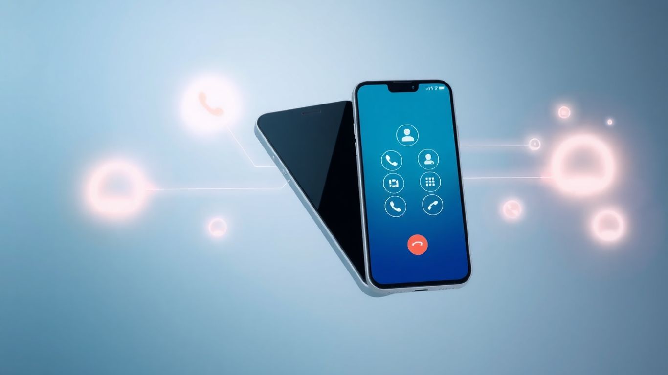 Smartphone call management interface with connection lines.