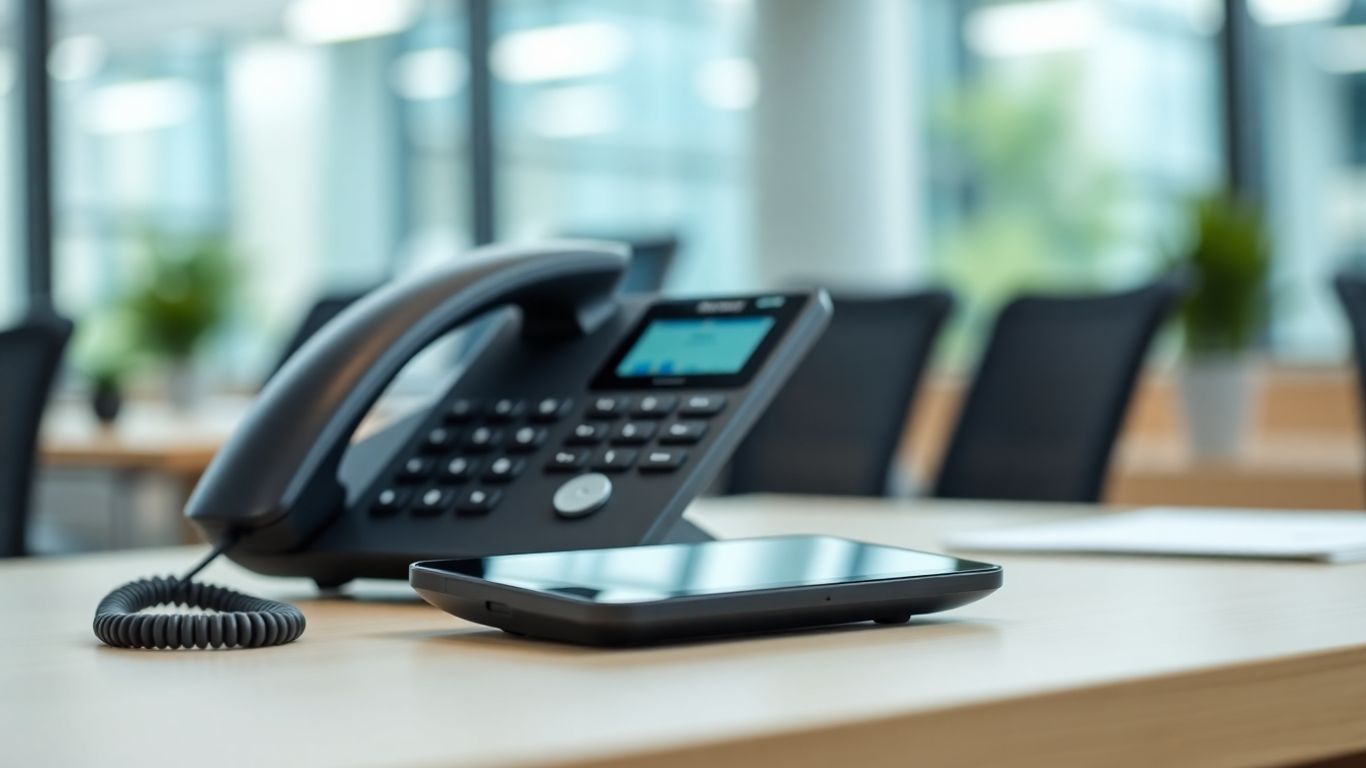 Modern digital phone on an office desk.
