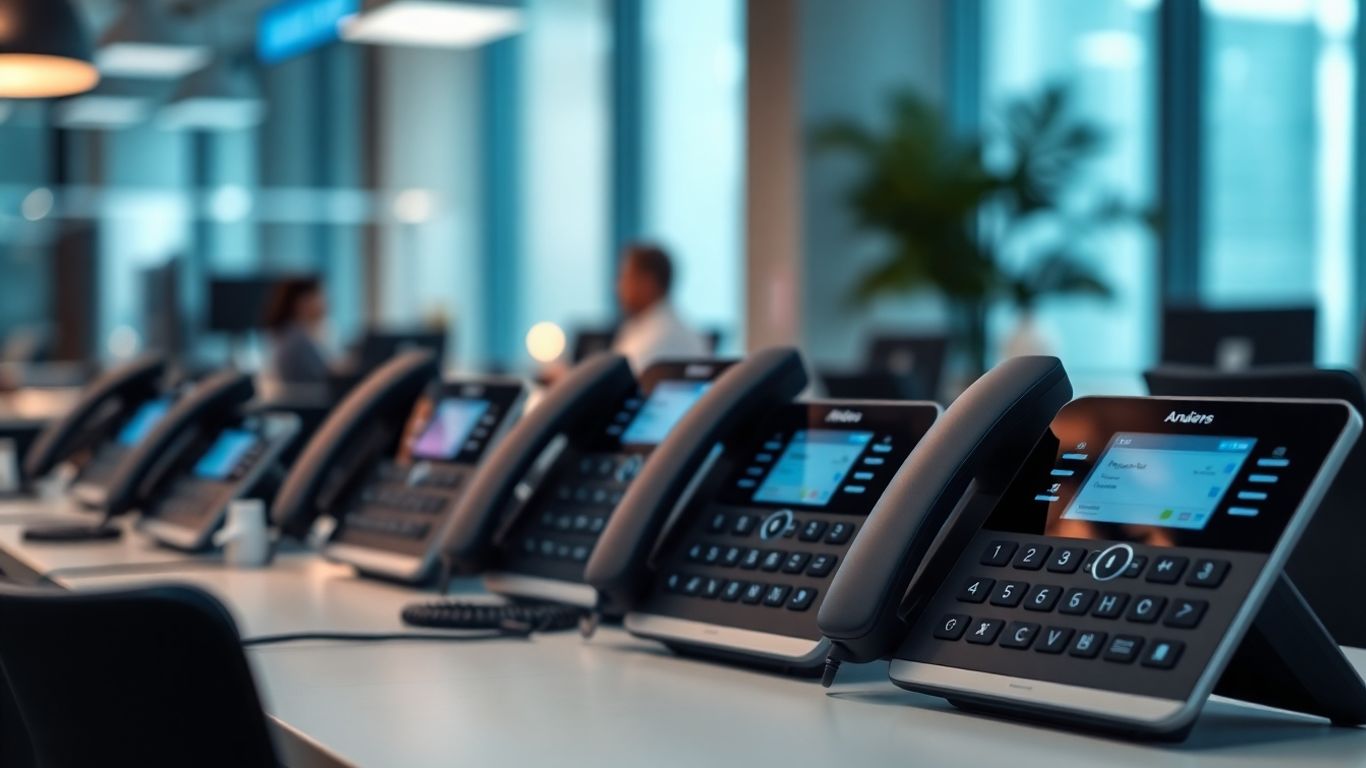Modern digital phones in a bright, efficient office.