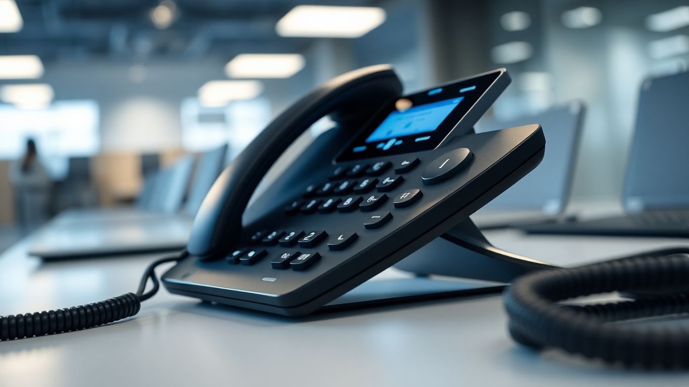 Modern digital phone on an office desk.