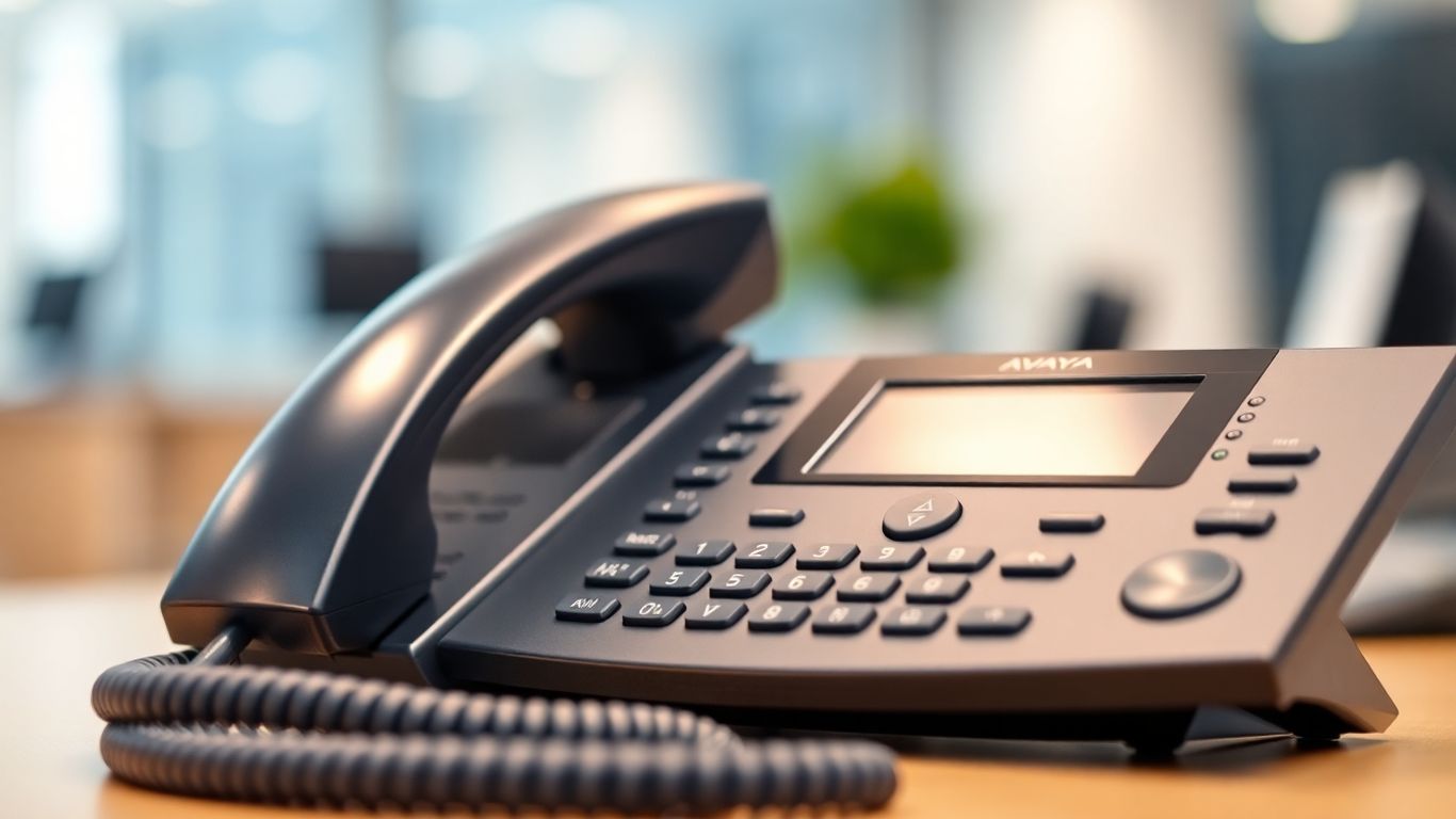 Avaya phone handset on a desk, office setting.