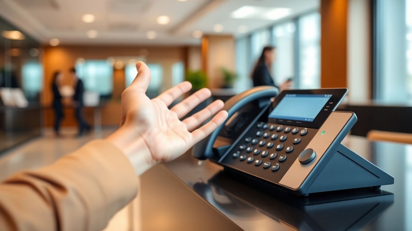 Modern office phone system with hand answering call.
