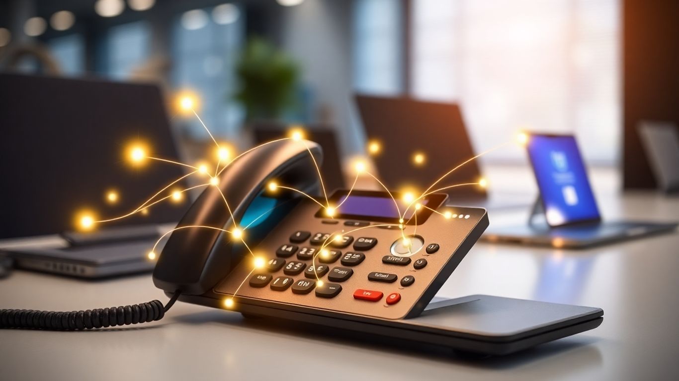 Modern desk phone with glowing digital connections