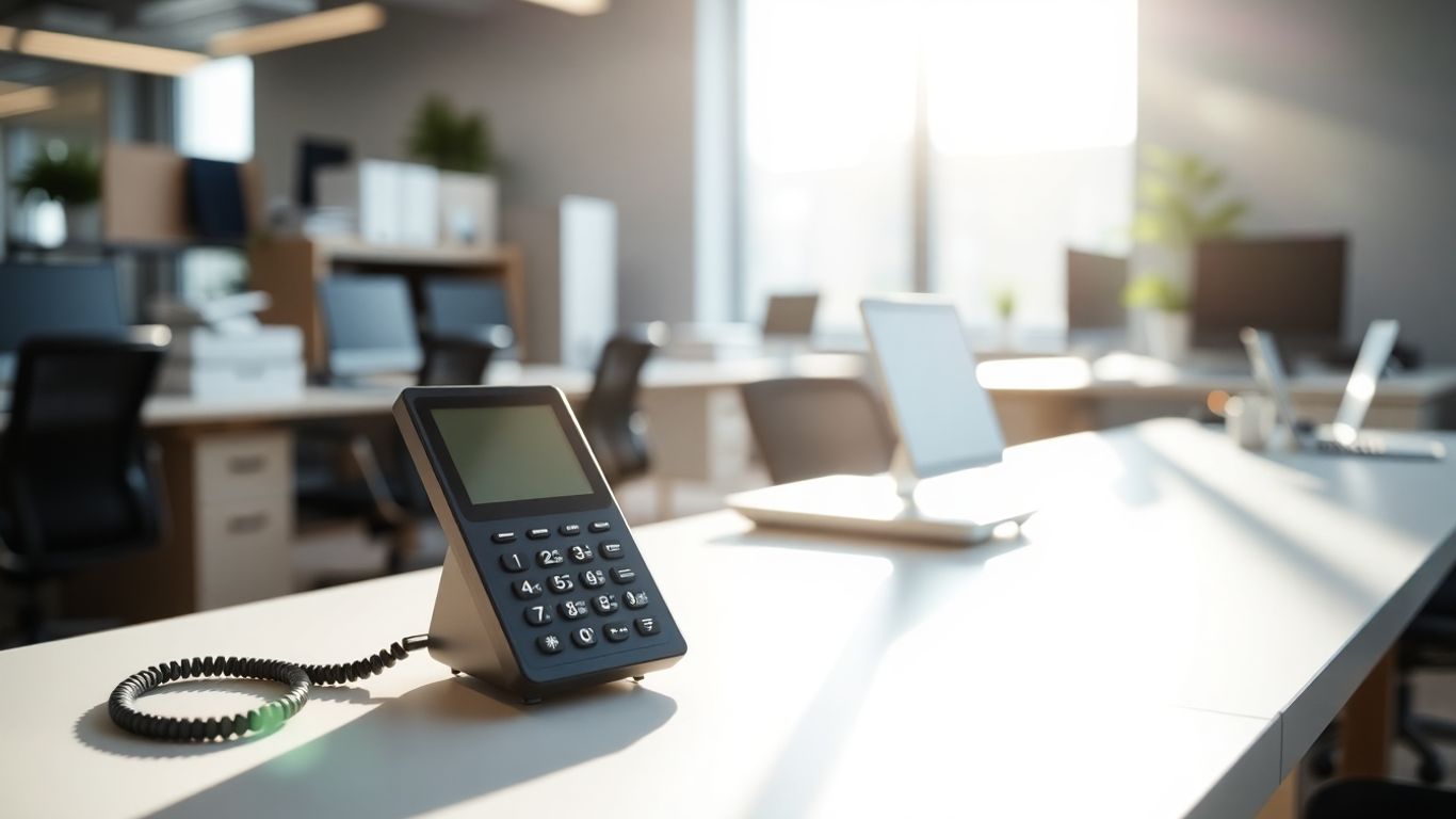 Modern office desk with phone for auto attendant systems.