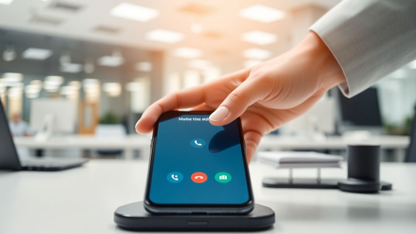 Smartphone call interface on office desk