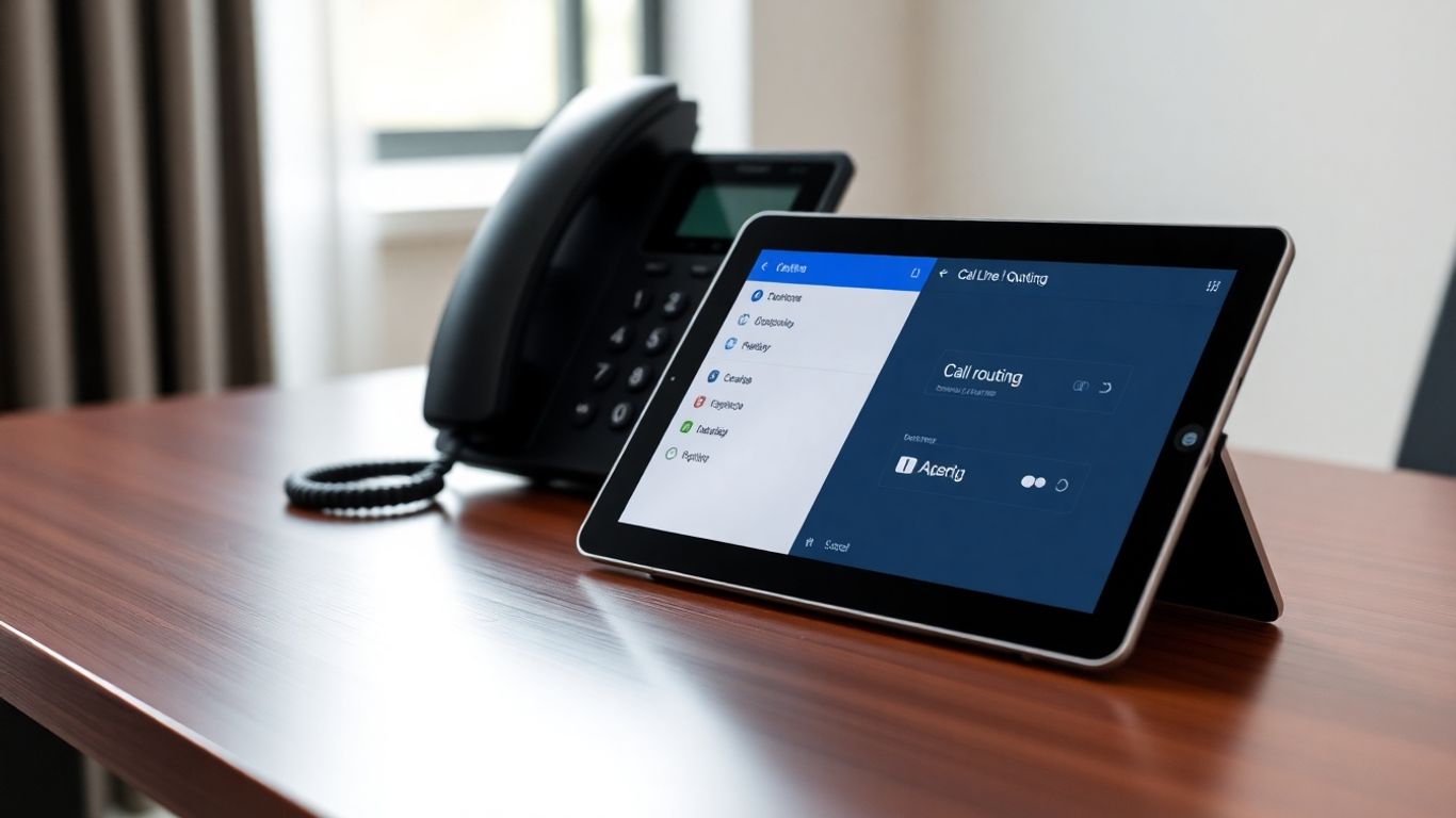 GoTo Connect 4-line phone system with auto attendant on desk.