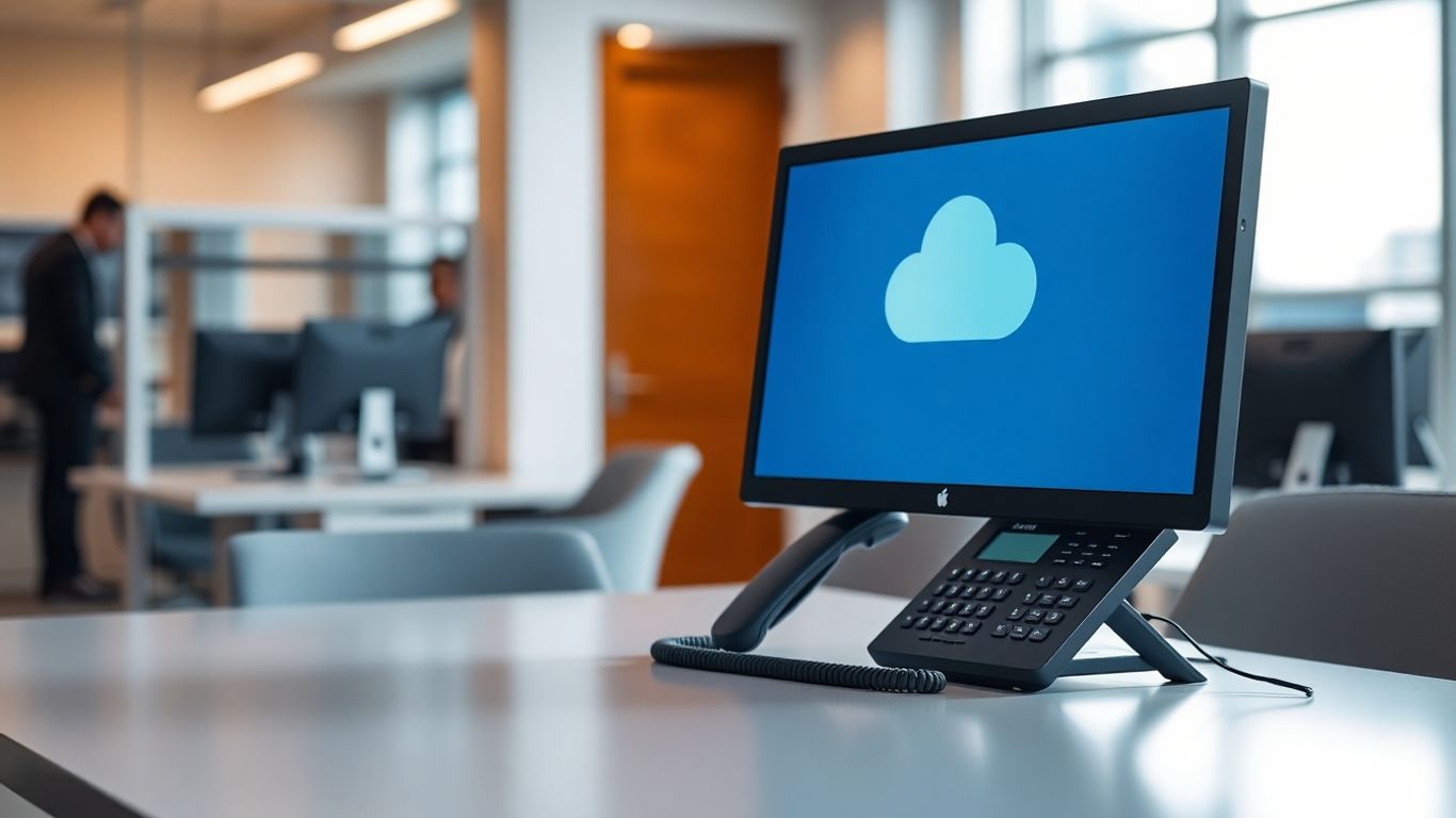 Nextiva cloud phone system on an office desk.