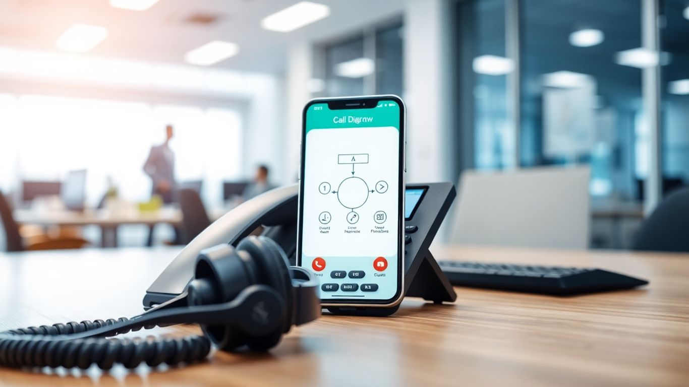 Auto attendant phone tree template diagram on a smartphone.