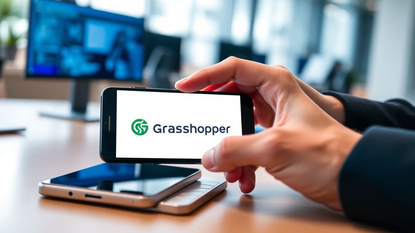 Grasshopper logo on a smartphone on an office desk.