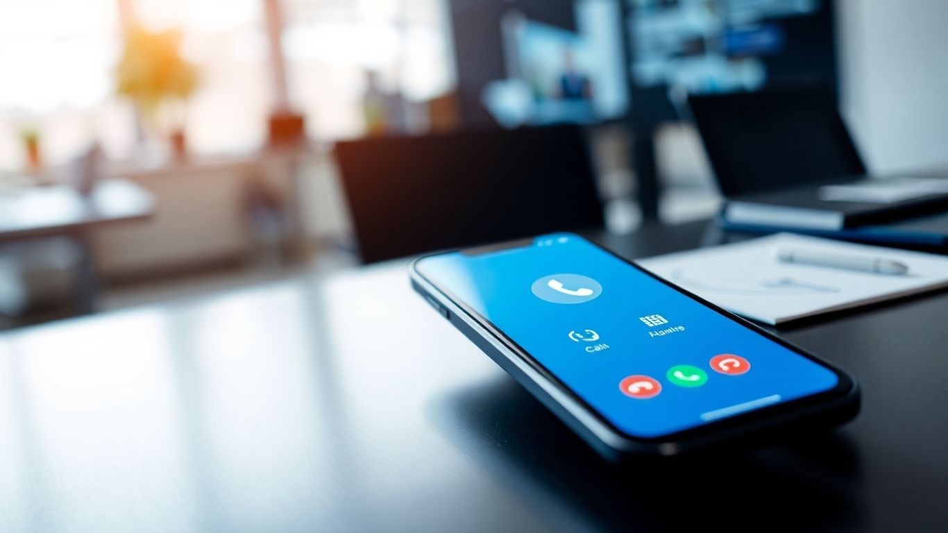 Smartphone displaying auto attendant call interface on office desk.