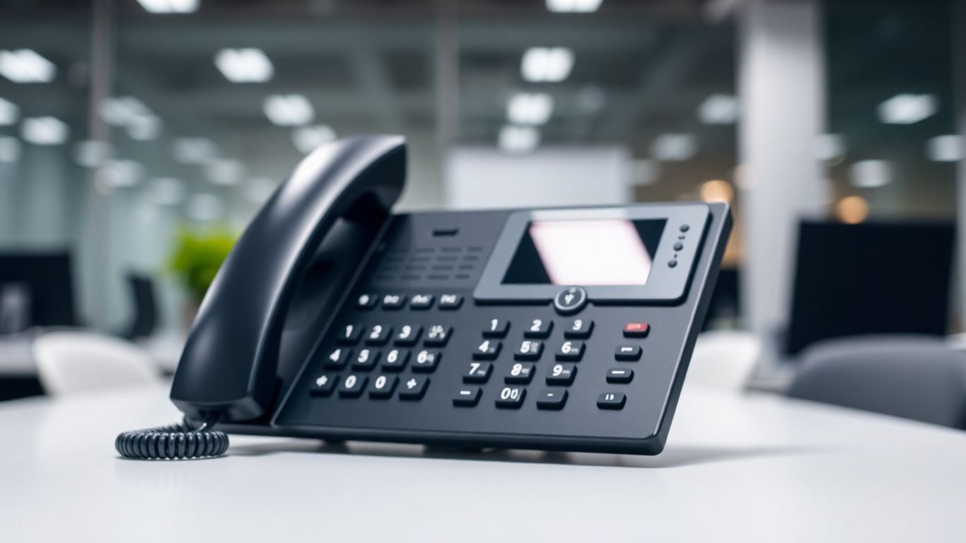 GoTo Connect phone system on an office desk.